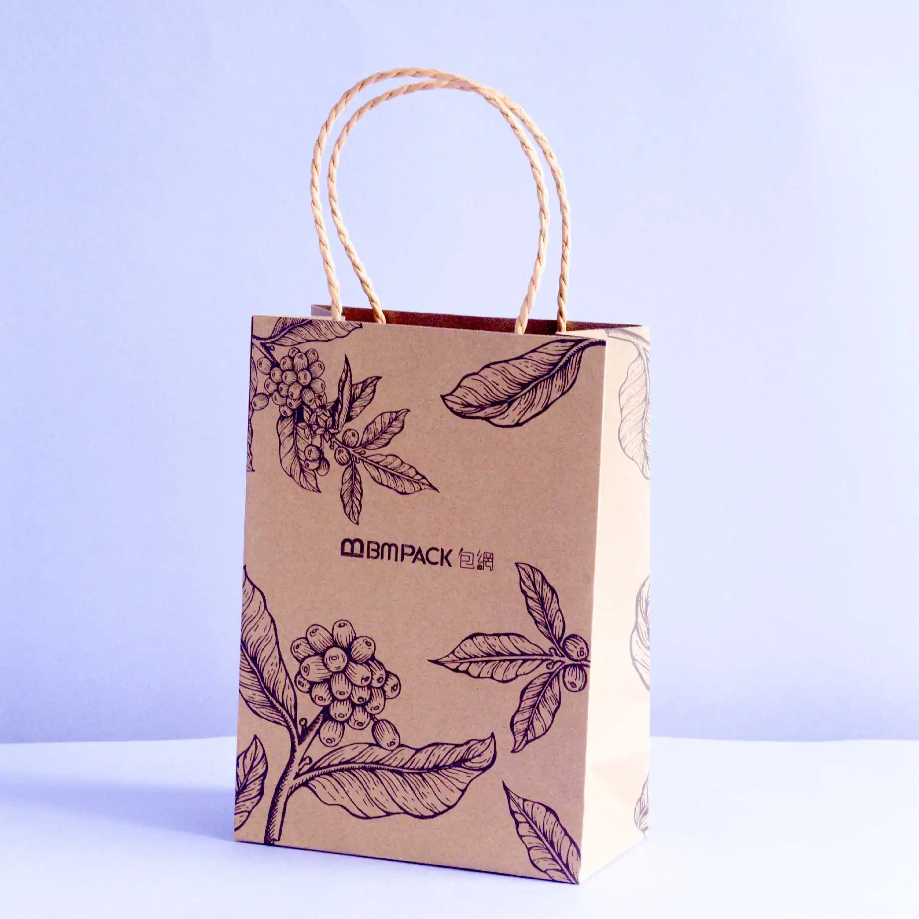 產品樣版2: 一个牛皮紙袋印一些花紋及有“BM Pack包網”名稱