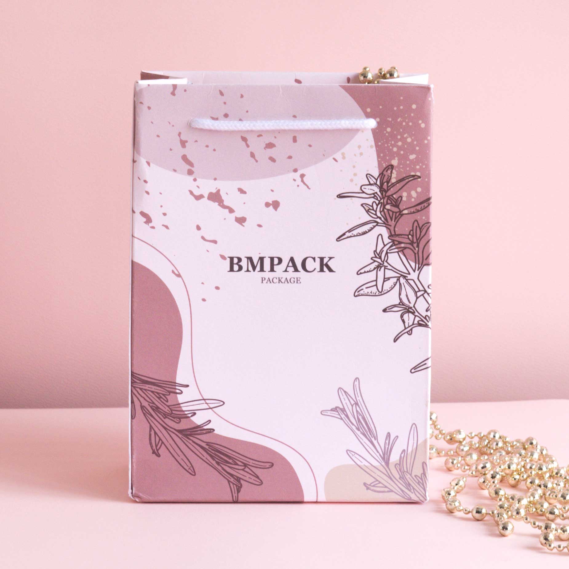 Custom rope paper bag in pink and mauve tones with branding - BM Pack custom packaging HK