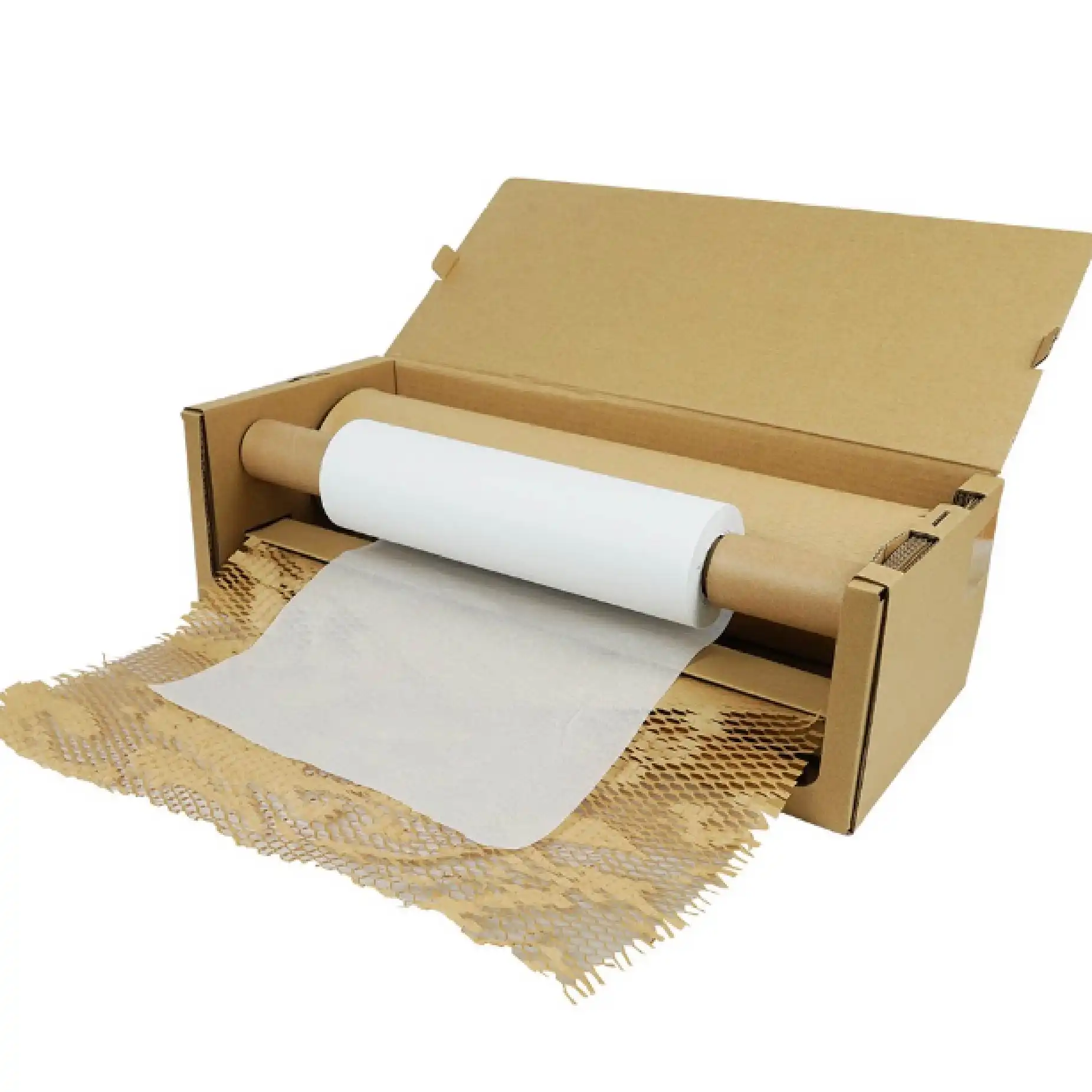 在白色的背景下，擺放了整套的蜂巢包裝紙套裝，以方便開始包裝。