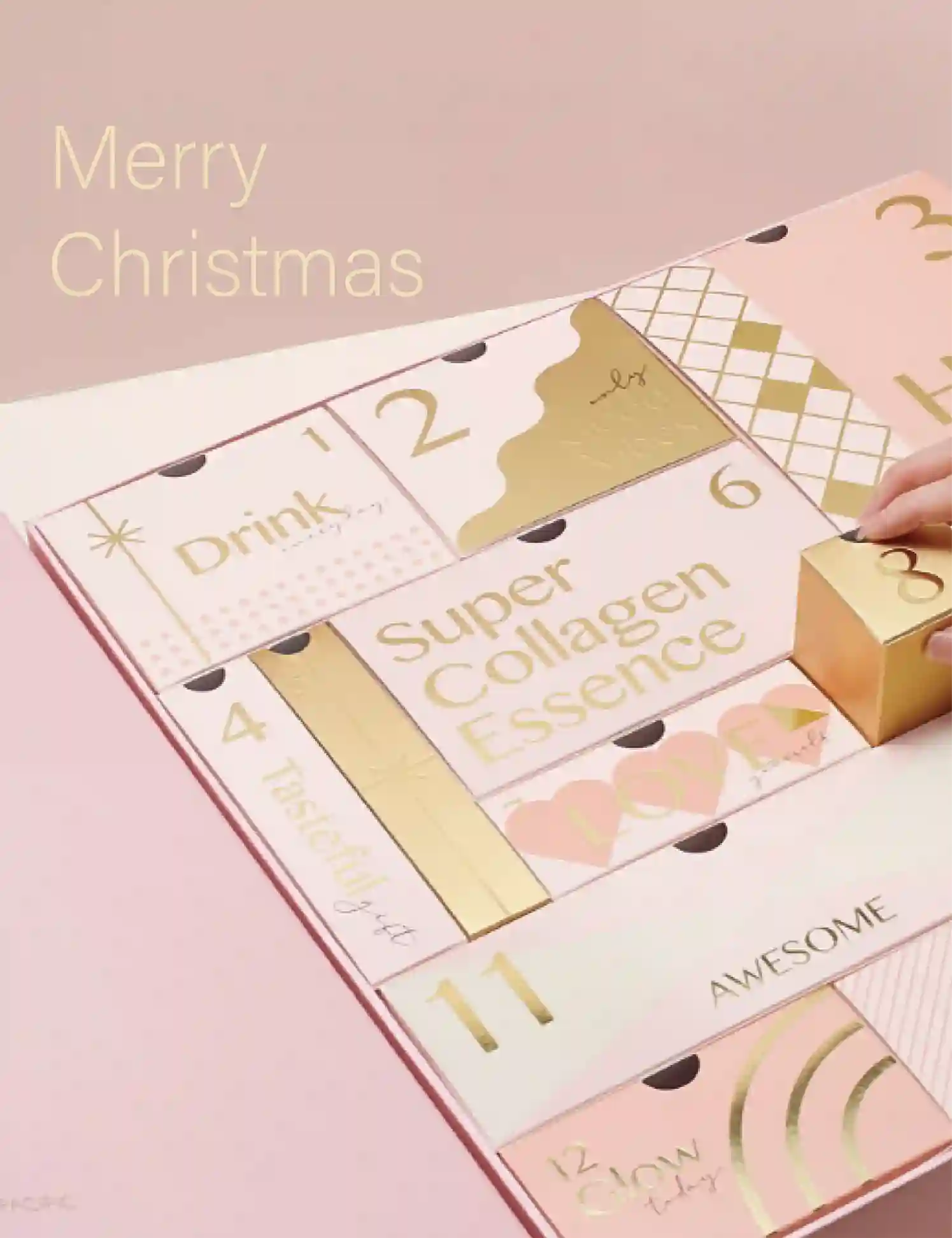 粉紅色背景下，展示著以粉紅色為主的24格聖誕倒數日歷
