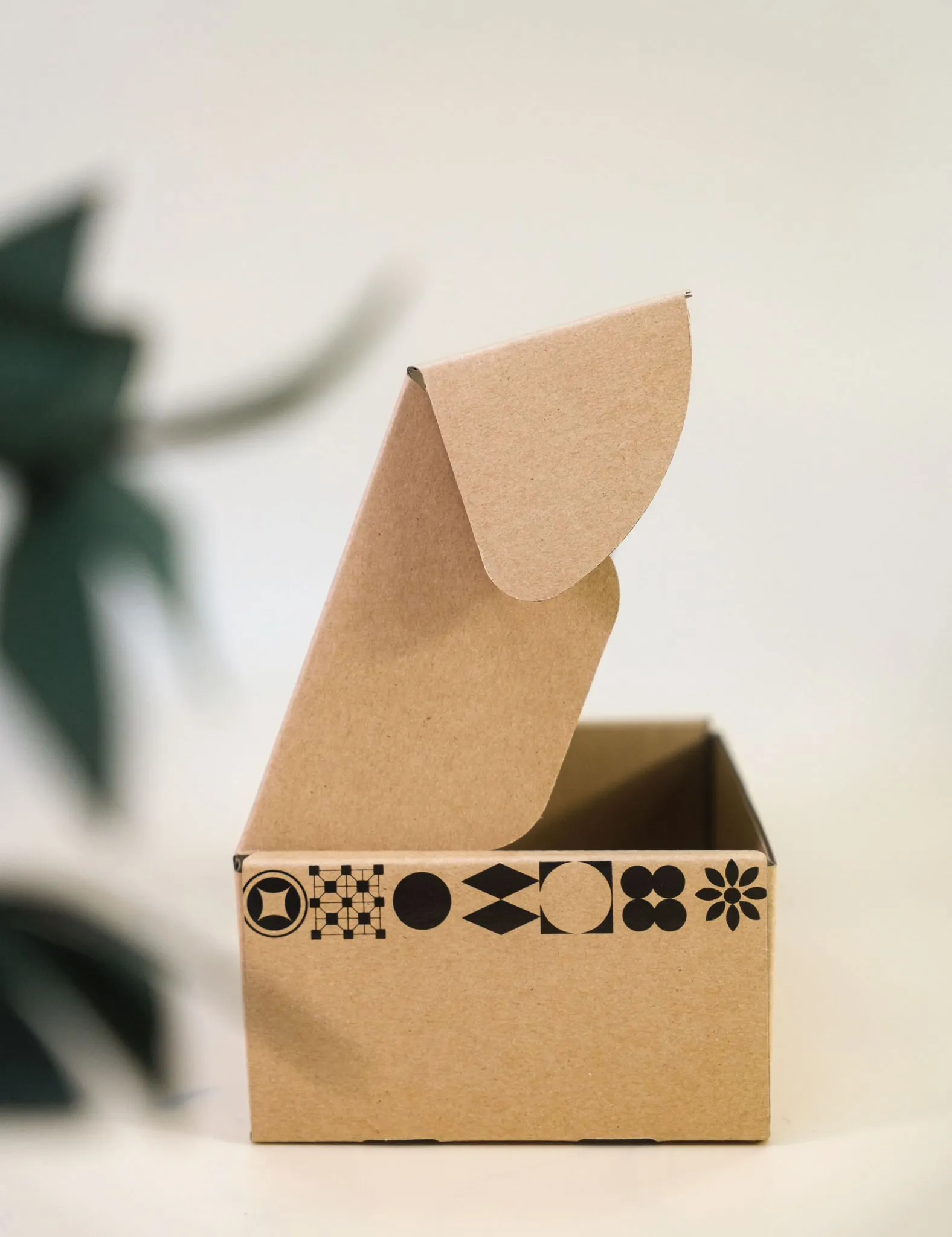 開啟的單黑郵寄盒，盒蓋的內側和側面印有簡約的黑色幾何圖形和「BMpack」的品牌標誌，盒子置於淺色背景上，展示其簡潔設計