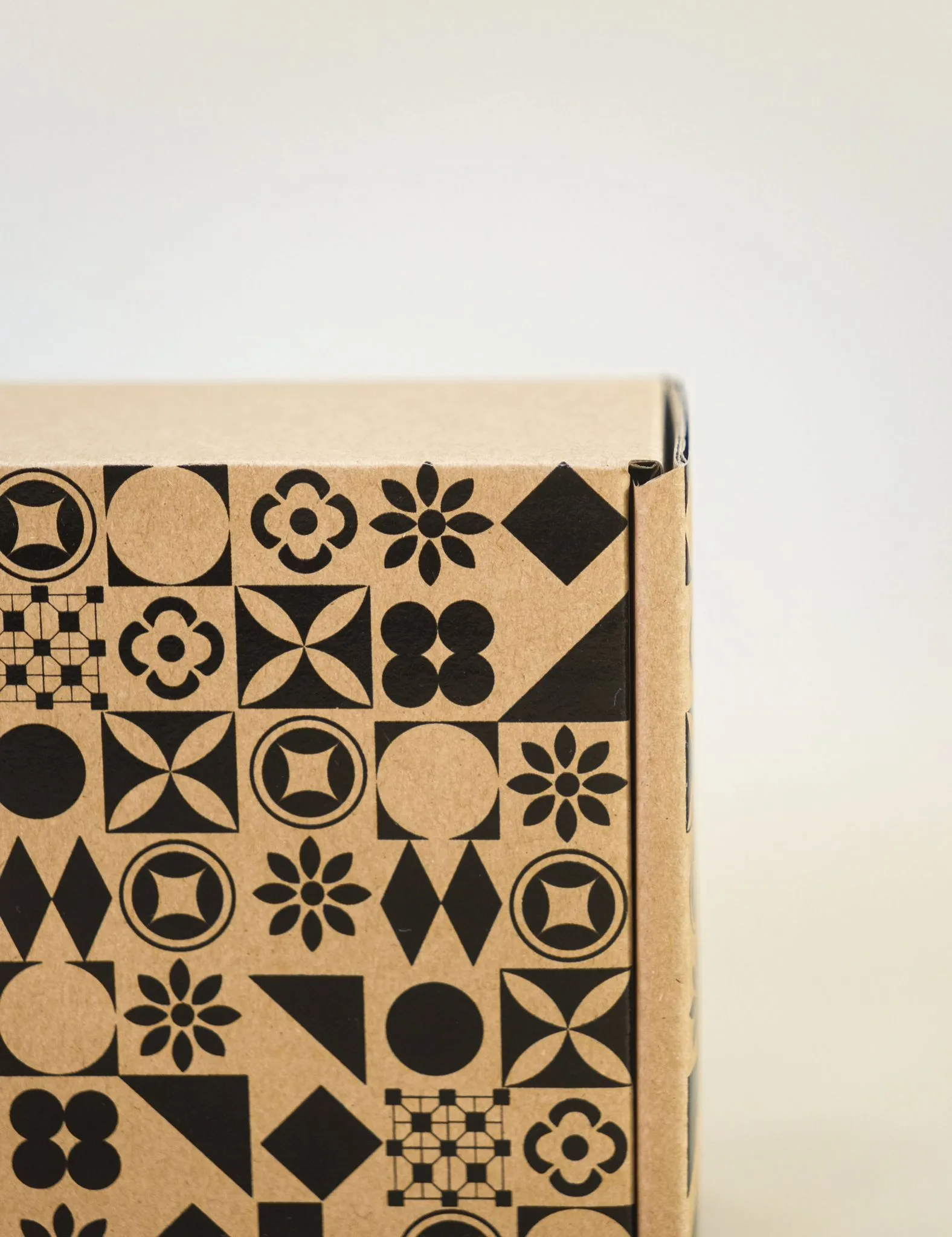 環保單黑郵寄盒側邊的特寫，清晰顯示出黑色幾何圖形設計和「BMpack」的品牌標誌，背景為淺色調，強調其環保和美學特色